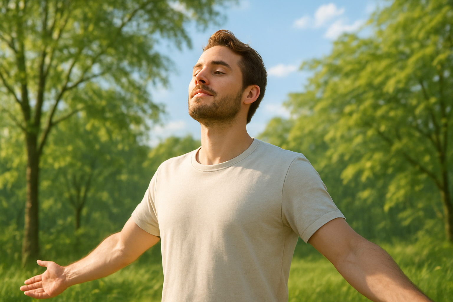 person breathing freely fresh air
